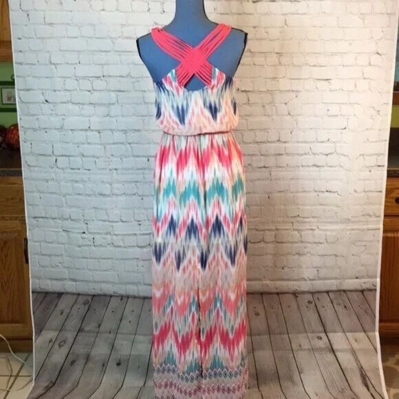 Maurices Maxi Dress Cross Back Blue & Pink Zig Zag Stripes w/ Belt Small - Picture 2 of 6